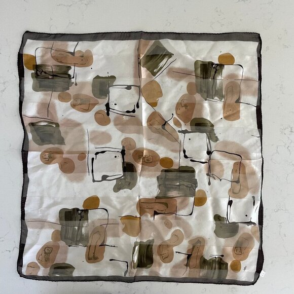 100% Silk Abstract Print Sheer Satin Stripe Fall Colors Cream Brn Tan Green OS - Picture 1 of 8